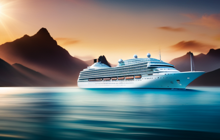 An image showcasing a luxurious cruise ship sailing through crystal-clear turquoise waters, adorned with the iconic Celebrity Cruises logo on its towering smokestack, symbolizing the ownership and grandeur of the renowned cruise line