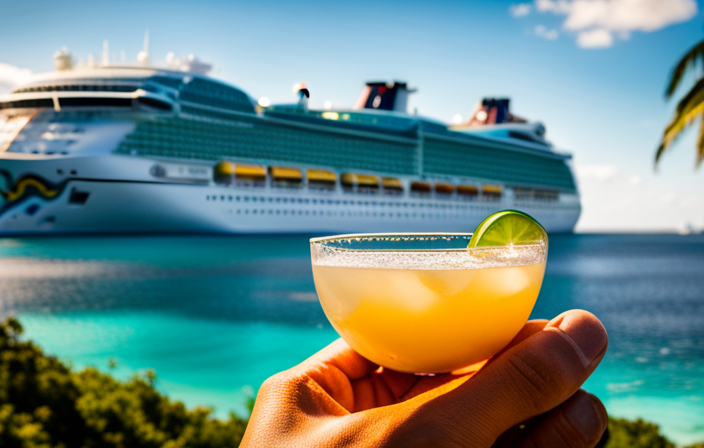 An image showcasing the majestic Margaritaville Cruise Ship, towering against a backdrop of turquoise waters and lush tropical islands