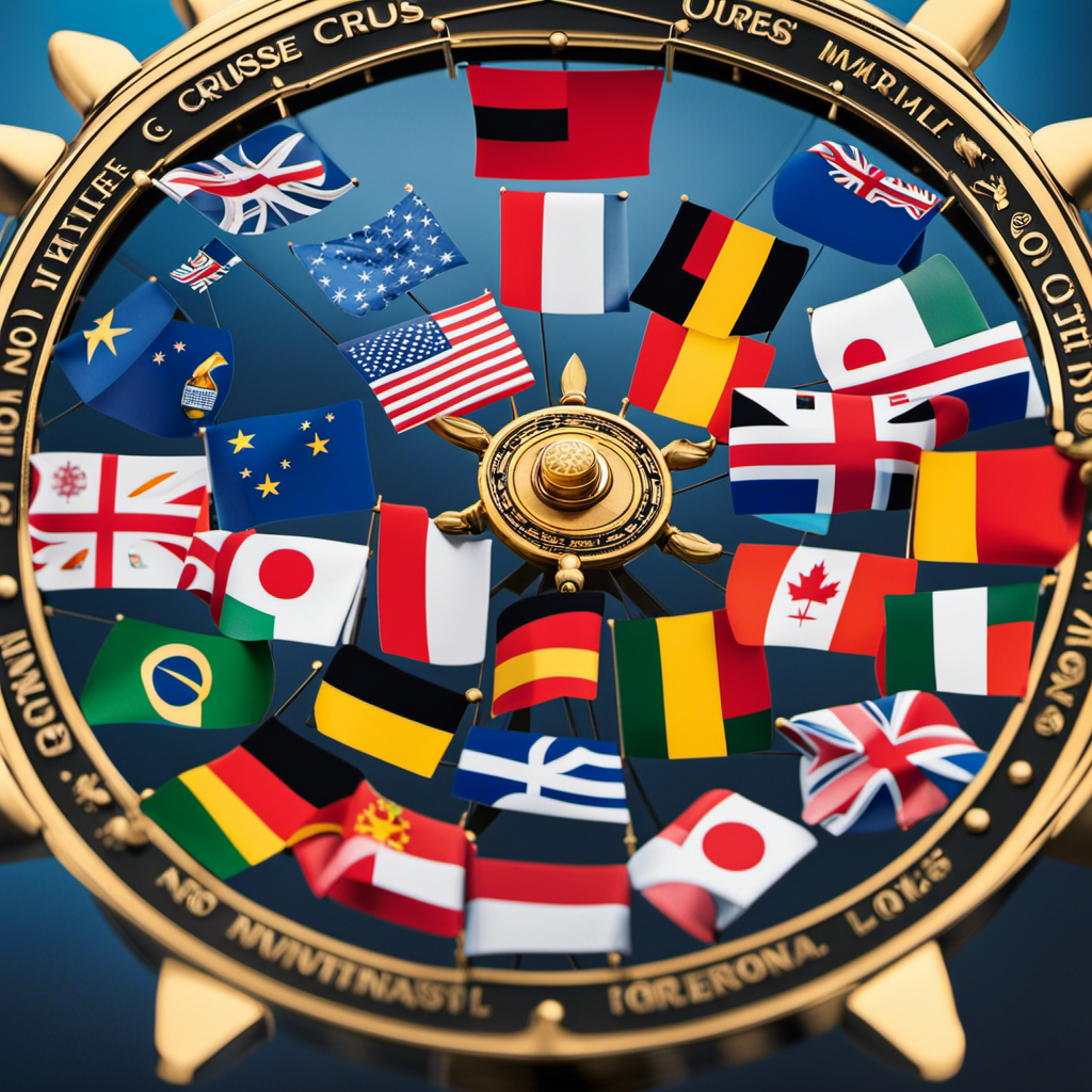 An image depicting a diverse group of international investors, symbolized by flags from various countries, grasping a ship's wheel, representing their collective ownership of MSC Cruise Lines