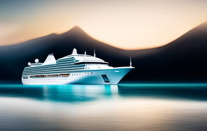 An image depicting a luxurious cruise ship sailing through crystal-clear turquoise waters, adorned with the Regent Cruise Lines logo on its majestic white hull