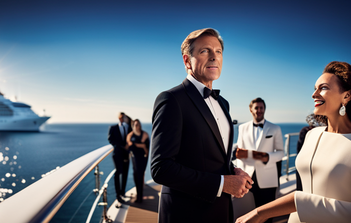 An image capturing the essence of Seabourn Cruise Line's ownership, showcasing a group of influential individuals, dressed in formal attire, engaged in a lively discussion aboard a luxurious yacht amidst a backdrop of sparkling blue ocean waves