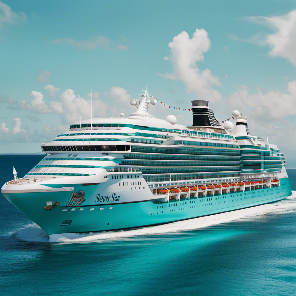 An image showcasing the Seven Seas Cruise Line ownership, featuring a luxurious cruise ship sailing through crystal-clear turquoise waters, adorned with the flags of diverse nations reflecting the multinational ownership