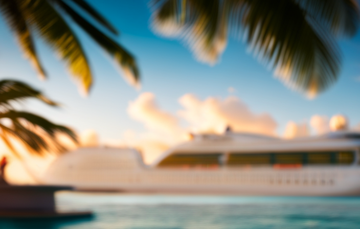 An image depicting a vibrant, sun-soaked tropical beach, with a luxurious cruise ship adorned in the iconic Virgin logo majestically sailing through crystal-clear waters, capturing the essence of ownership and elegance of Virgin Cruise Lines