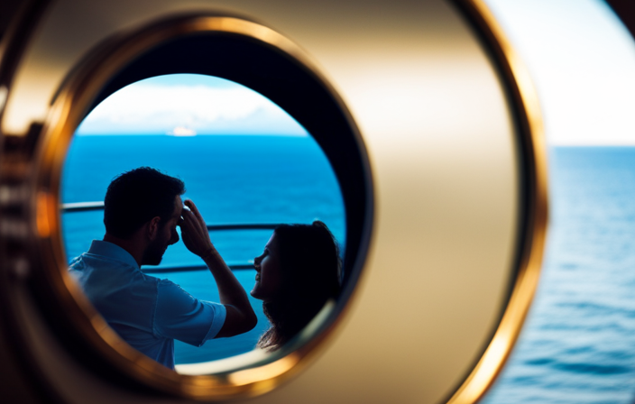 An image capturing the disorienting sensation of dizziness after a cruise: a blurred, spinning world reflected in the glossy porthole glass, highlighting the ship's railing and a person's unsteady silhouette
