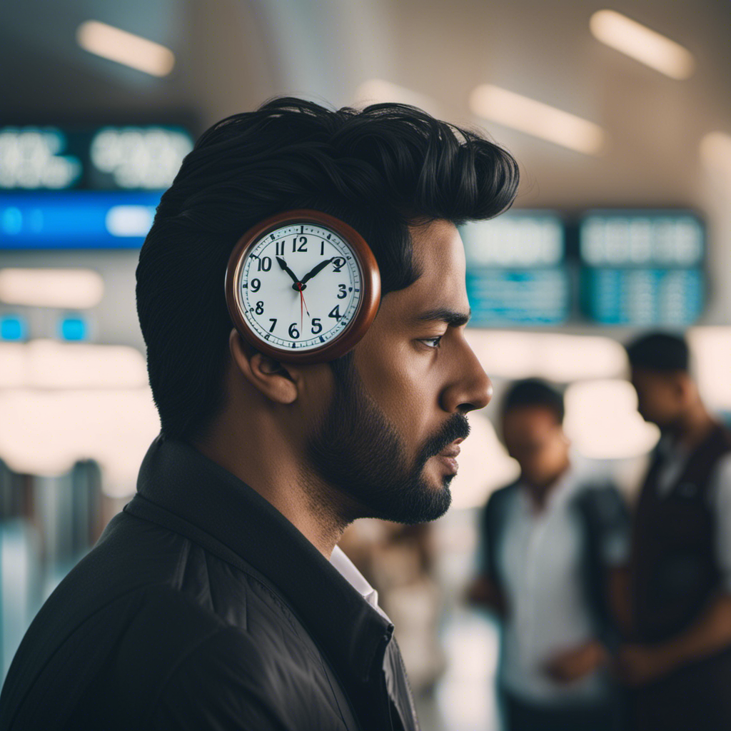An image showcasing a weary traveler, stressed and stranded at an airport, surrounded by a clock displaying the departure time of their missed cruise ship, while a distant ship sails away on the horizon
