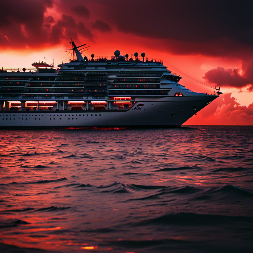 An image that showcases a sinking ship silhouette against a blood-red sunset, with dark storm clouds looming overhead