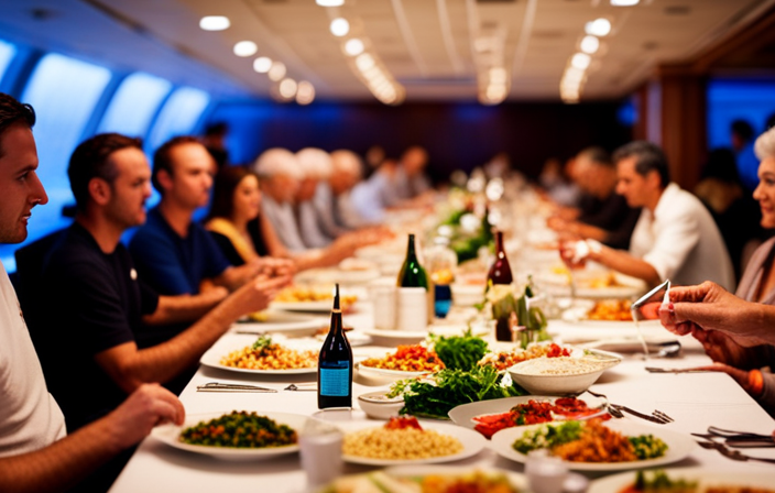An image depicting a crowded cruise ship dining area with people eating from shared buffet trays