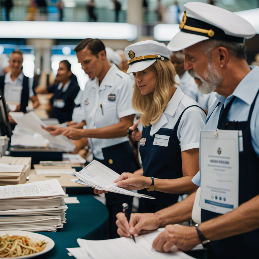 An image showcasing a bustling cruise ship terminal filled with eager volunteers, each clutching paperwork and identification, while staff members busily check documents, adding to the atmosphere of anticipation and competition