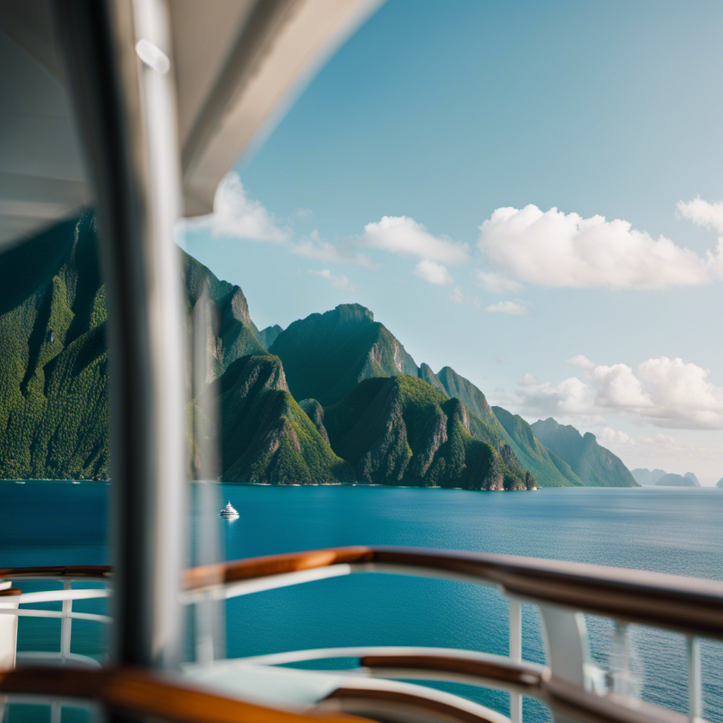 An image capturing the breathtaking view from the lower deck of a cruise ship, showcasing the tranquil azure sea, towering mountains, and secluded tropical islands, emphasizing the allure and hidden gems found away from the top deck