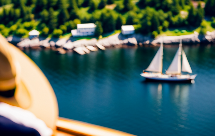 An image showcasing a majestic windjammer cruise gliding through the sparkling blue waters of Maine's coast, with towering historic lighthouses standing proudly against a backdrop of rugged cliffs and lush greenery