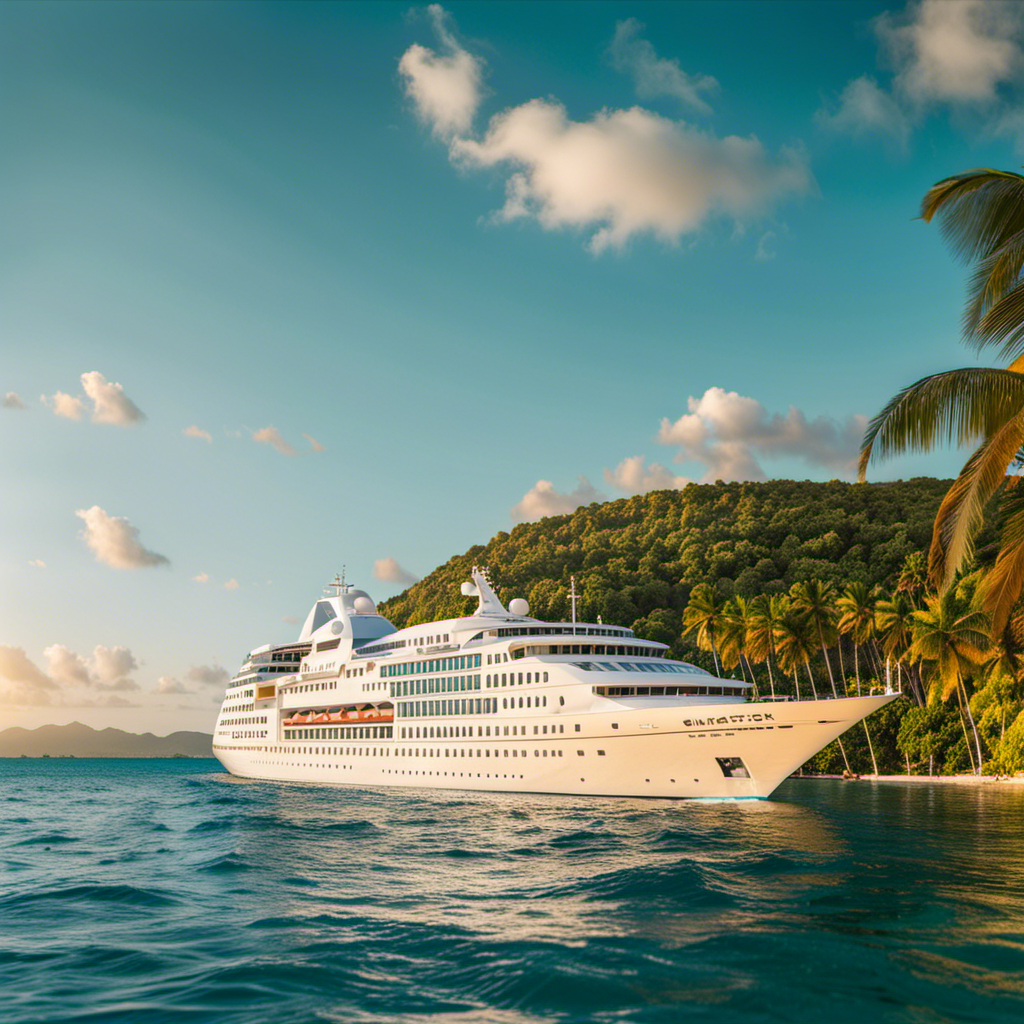 An image of a majestic Windstar Cruises ship gliding through crystal-clear turquoise waters, surrounded by breathtaking landscapes of lush green islands, vibrant coral reefs, and the golden hues of a setting sun