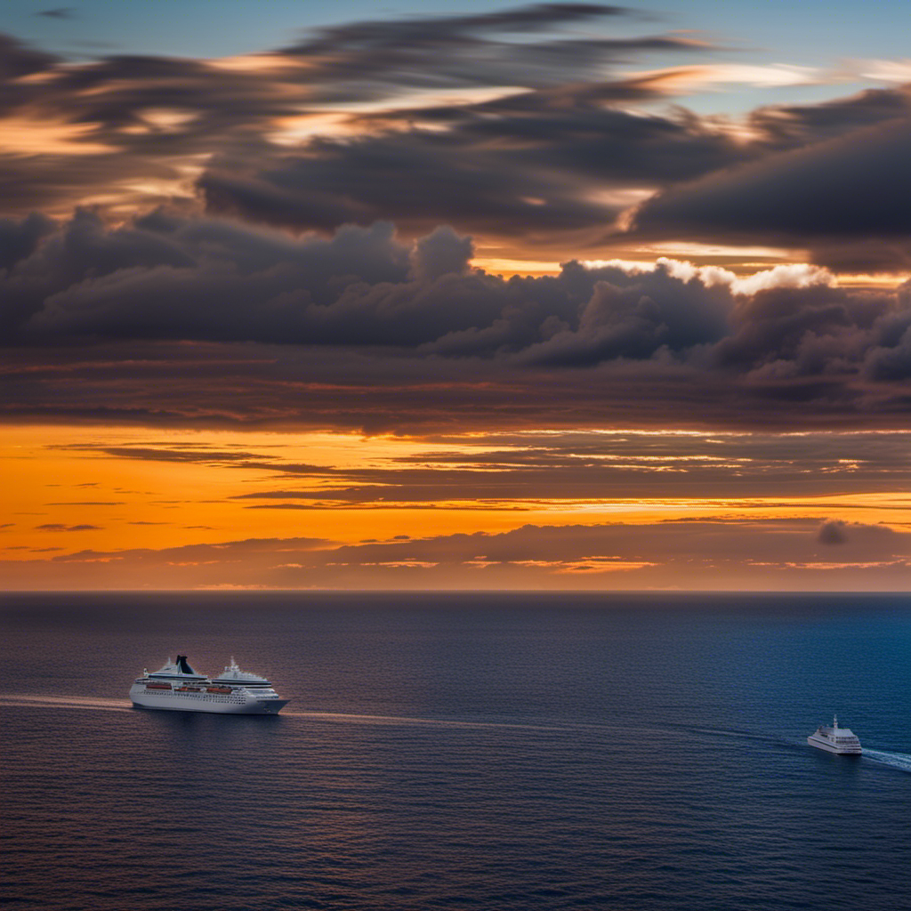 An image of a vast ocean horizon at sunset, with a fleet of majestic Windstar cruise ships sailing towards the viewer