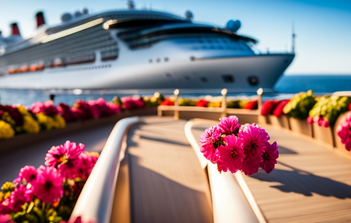An image showcasing a serene cruise ship deck adorned with vibrant flowers, where passengers of all ages, wearing face masks, leisurely enjoy the open-air spaces while adhering to social distancing guidelines