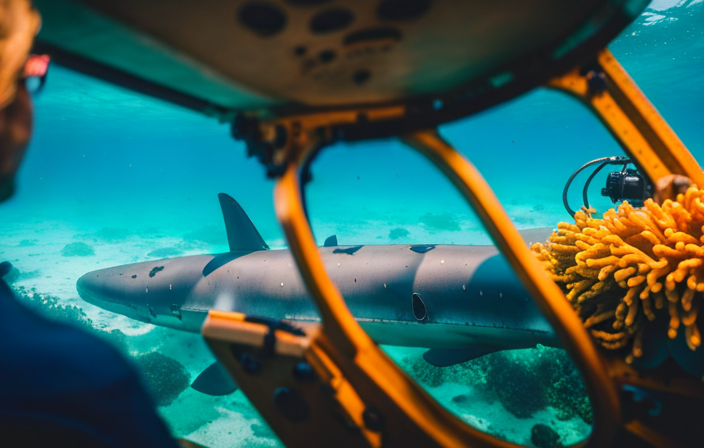 Create an image showcasing the awe-inspiring underwater world as Windstar Cruises' submarine submerges beneath turquoise waters, revealing vibrant coral reefs, exotic marine life, and intrepid travelers eagerly observing the mesmerizing depths