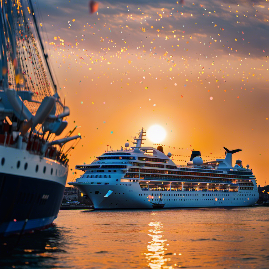 the essence of Windstar's Virtual Sail Away and the unveiling of the newly renovated Star Breeze: a resplendent sunset backdrop frames the ship's gleaming silhouette, as vibrant confetti swirls through the air, evoking a sense of celebration and anticipation