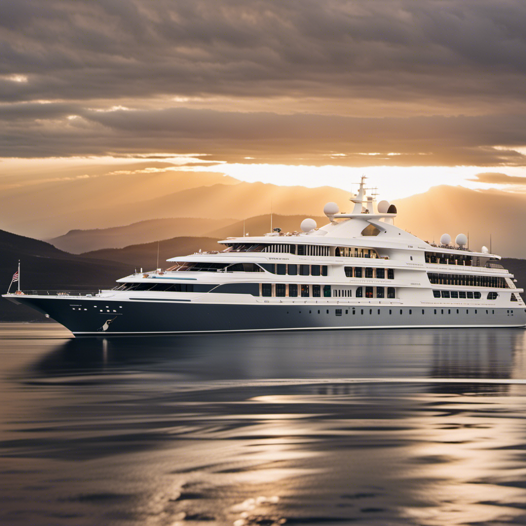 An image showcasing the sleek silhouette of Windstar's Star Pride, adorned with elegant white exteriors, gleaming glass windows, and spacious, sun-kissed decks, exuding a sense of refined luxury and transformation