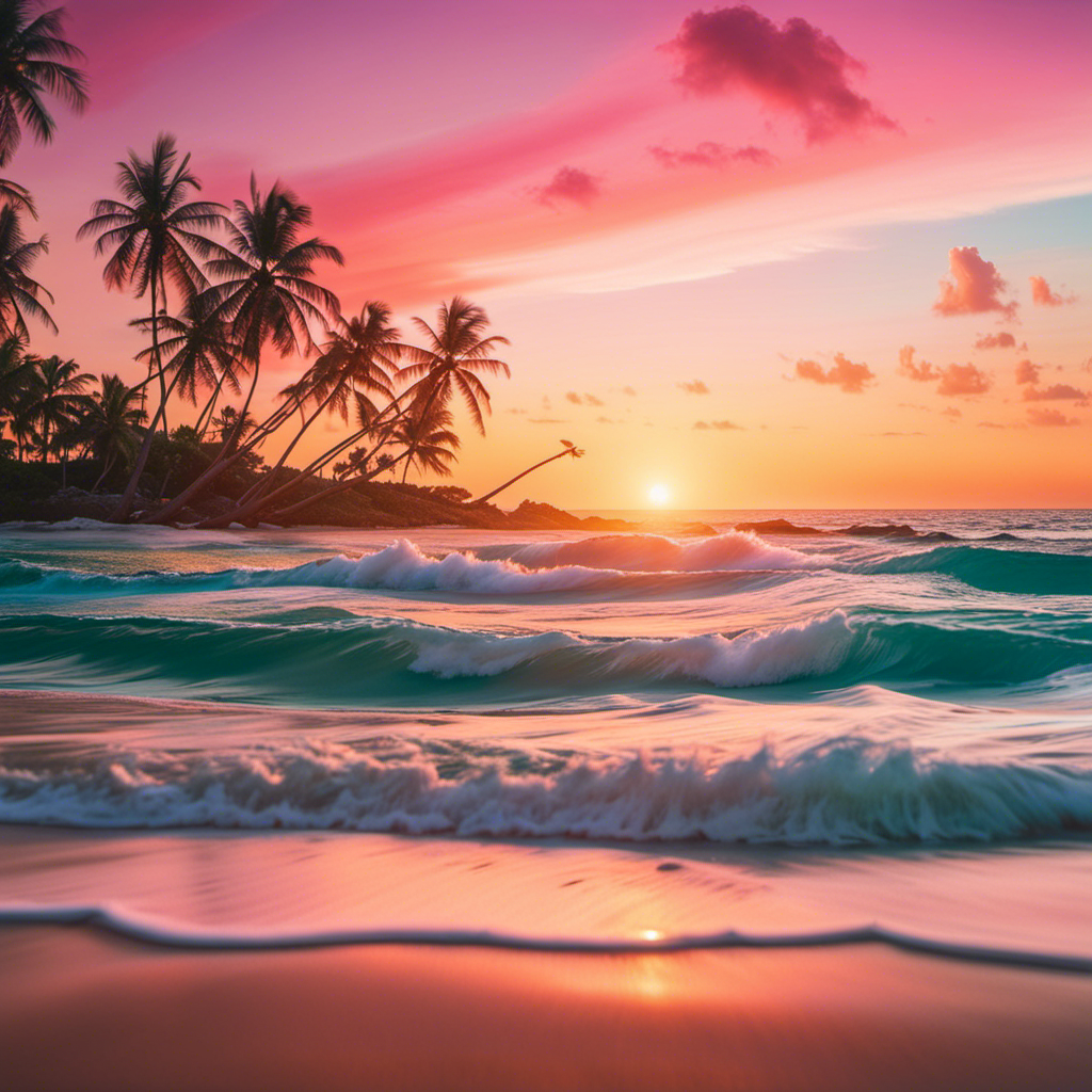 An image showcasing a serene, sun-kissed beach with crystal-clear turquoise waters, palm trees swaying gently in the warm breeze, and a vibrant sunset painting the sky in hues of orange and pink