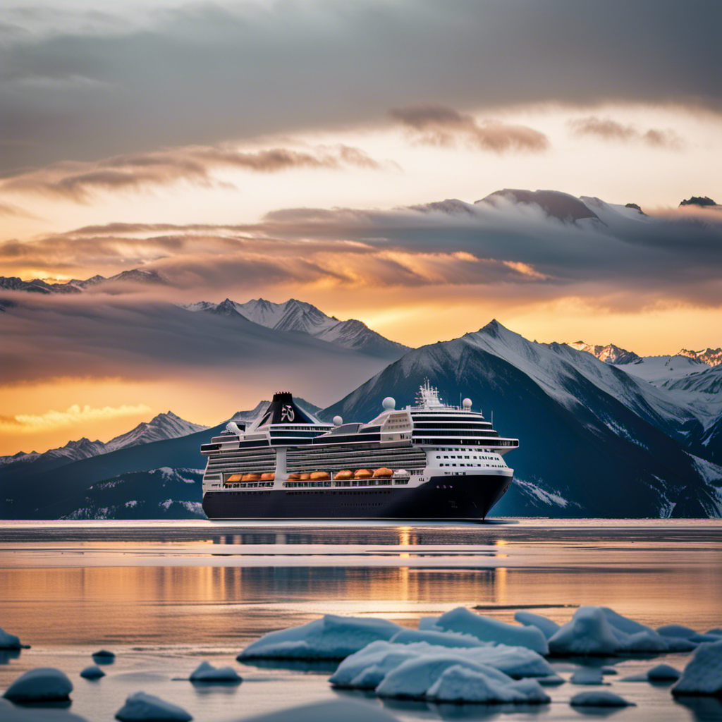 An image showcasing a luxurious MSC Cruise ship sailing through pristine icy waters, surrounded by snow-capped mountains, as the golden sun sets behind them, evoking a sense of tranquility and wonder