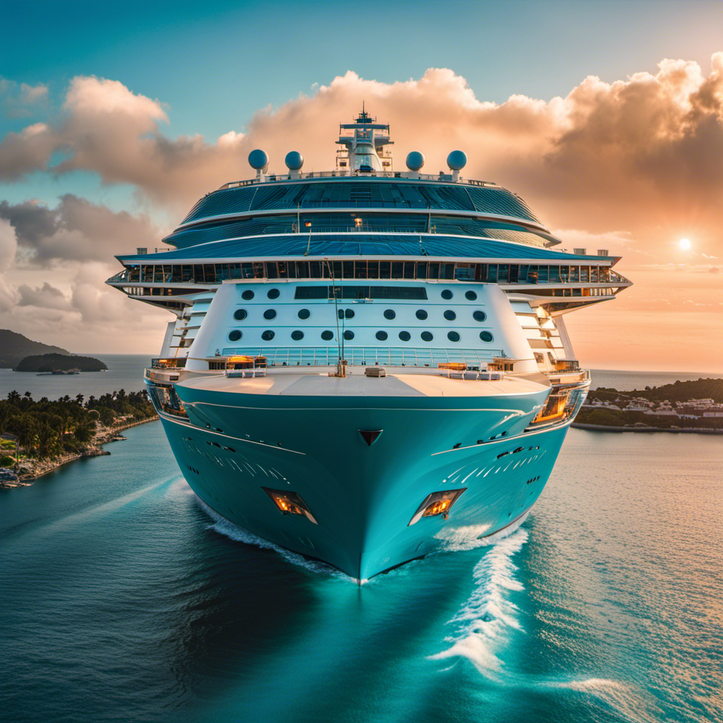 An image capturing the awe-inspiring Wonder of the Seas inaugural voyage; showcasing the massive cruise ship majestically sailing through crystal-clear turquoise waters, surrounded by breathtaking coastal landscapes and a vibrant sunset sky