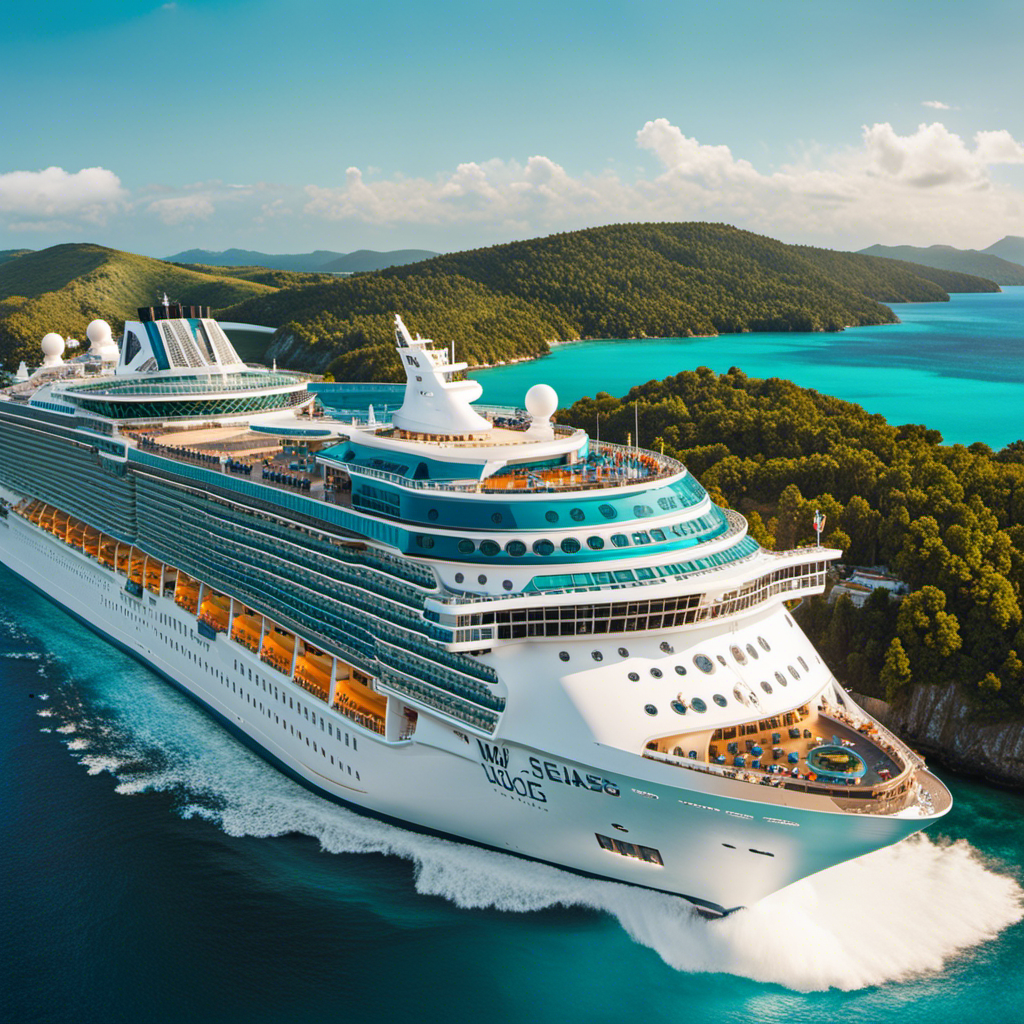 the grandeur of Wonder of the Seas as it majestically glides through turquoise waters, towering above neighboring islands