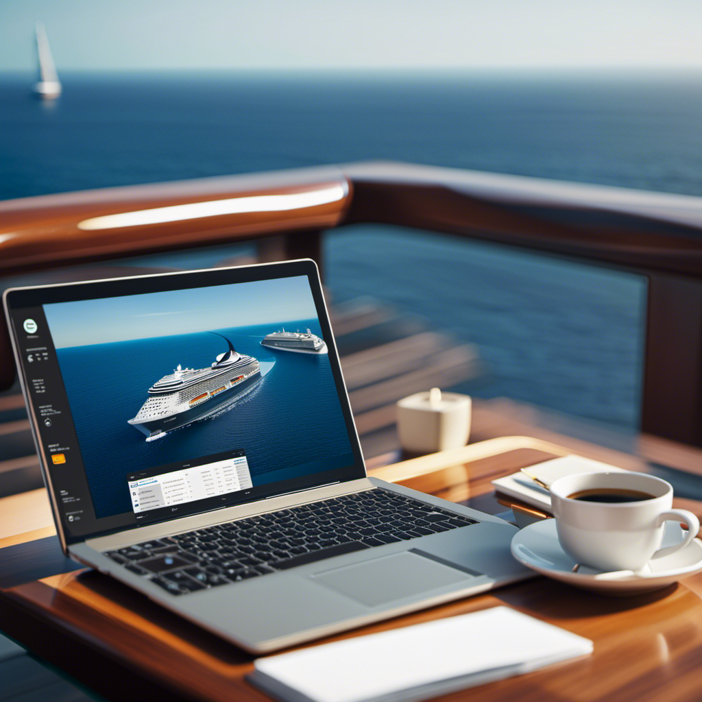 An image showcasing a serene cruise ship deck transformed into a productive workspace