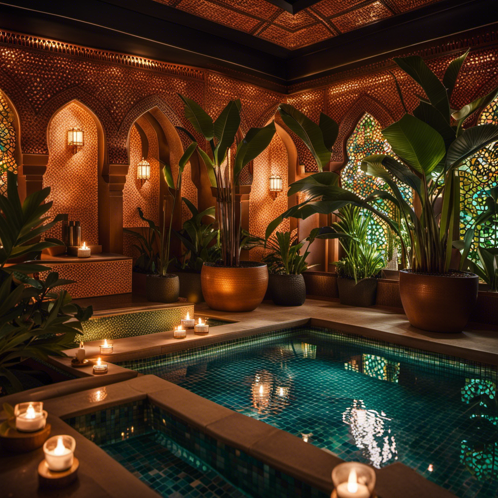 An image that showcases a tranquil spa oasis, with lush tropical foliage in the background, while a Moroccan-inspired hammam room takes center stage, adorned with intricate mosaic tiles and dimly lit by soft candlelight