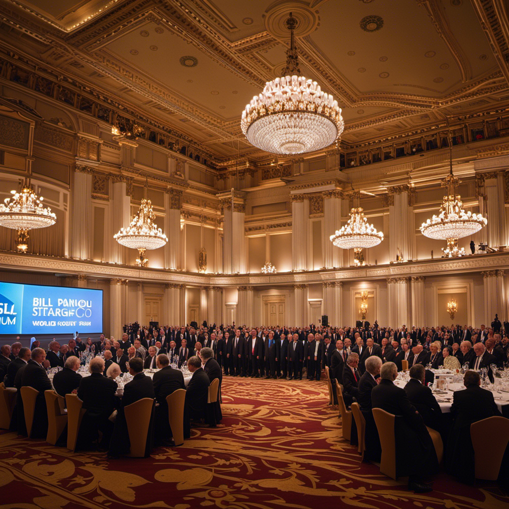 An image showcasing a grand ballroom filled with influential leaders in business and politics, as Bill Panoff and Arnold Donald stand on stage, commanding attention, during the World Strategic Forum