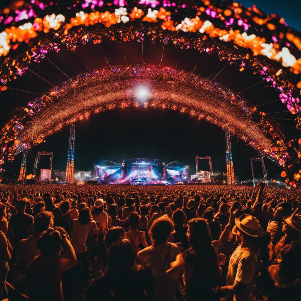 An image capturing the vibrant essence of the world's top music festivals: a kaleidoscope of pulsating lights, eclectic stages, jubilant crowds, and iconic artists, showcasing the spirit of Roskilde, New Orleans Jazz, Rock in Rio, ULTRA, and Outside Lands