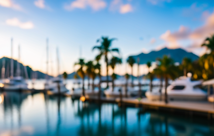 An image capturing the vibrant essence of yacht watching by showcasing a luxurious marina with sleek, majestic yachts docked against a backdrop of crystal-clear turquoise waters, surrounded by palm trees and a picturesque mountain range