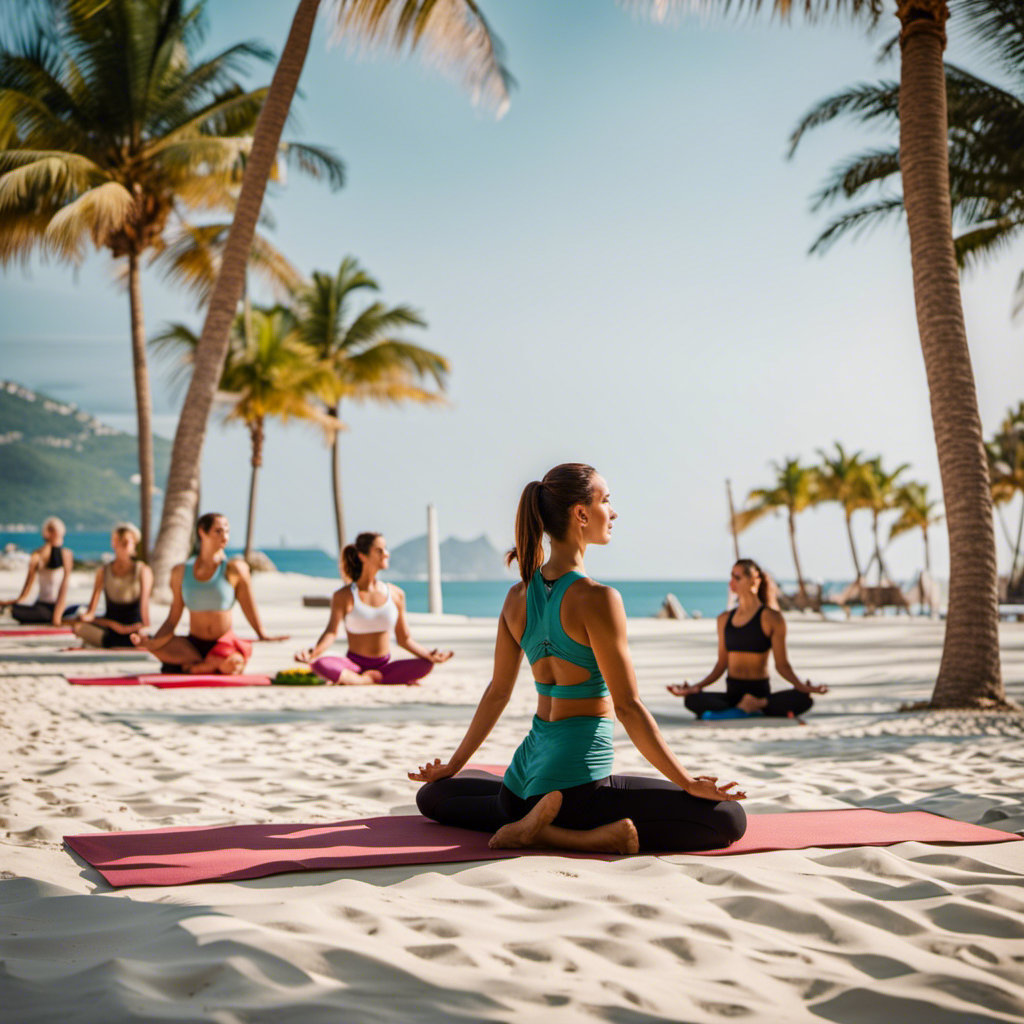 An image of a serene yoga session on the white sandy beach, with palm trees swaying in the background