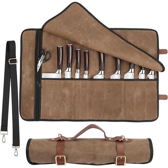 Leather-Strap Canvas Chef Knife Roll with Shoulder Strap